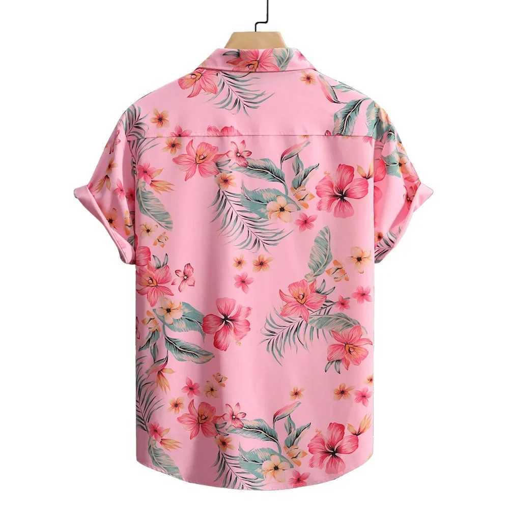 Mens short sleeved pink floral button top casual short sleeved button top beach shirt Hawaiian style shirt X250410