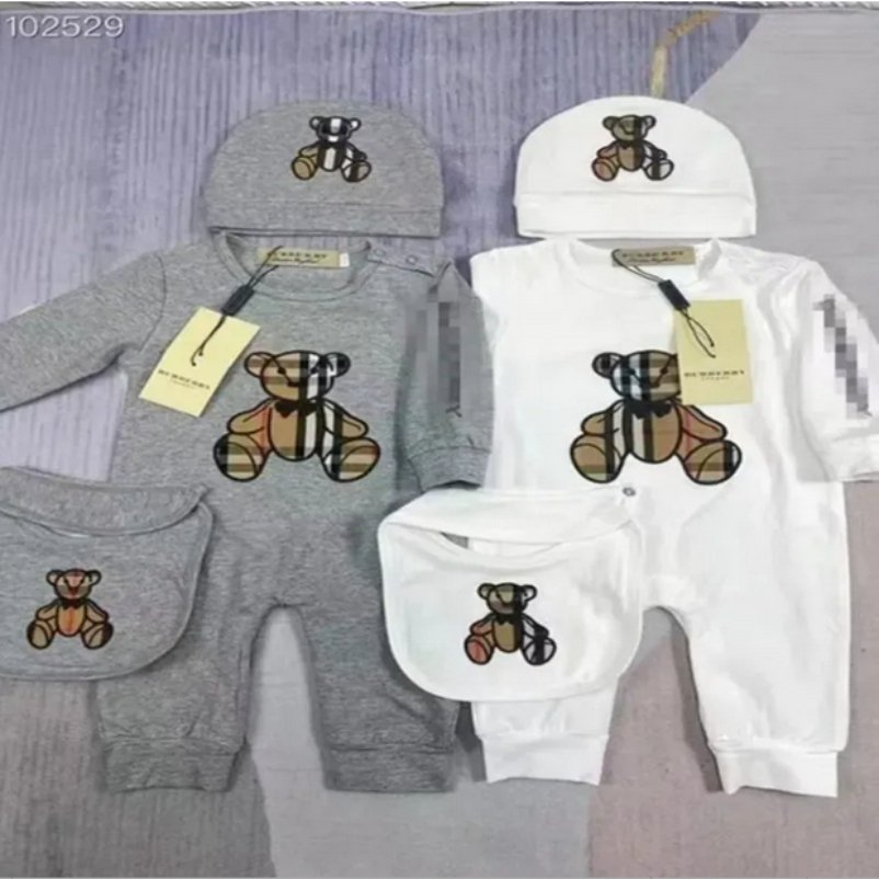 Designer 3pcs Baby Romper Set - Long Sleeve Jumpsuit Bib Hat for Newborn Boys Girls