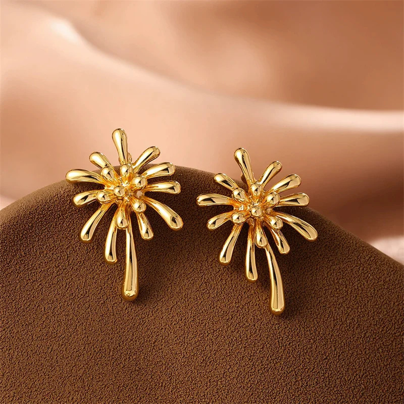 XIALUOKE Retro Metal Geometric Fireworks Stud Earrings For Women European American Style Personality Earrings Travel Jewelry 250409