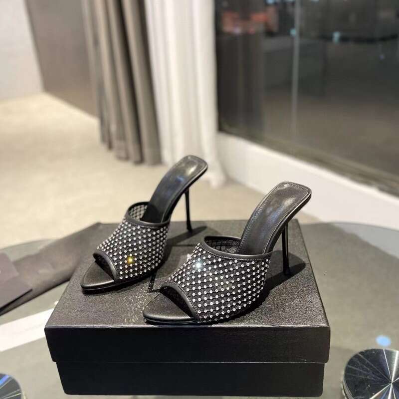 Guangzhou High-Quality 2024 Spring Summer New Rhinestone Mesh Peep-Toe Genuine Leather Sole Stiletto Heel Sandals For Women