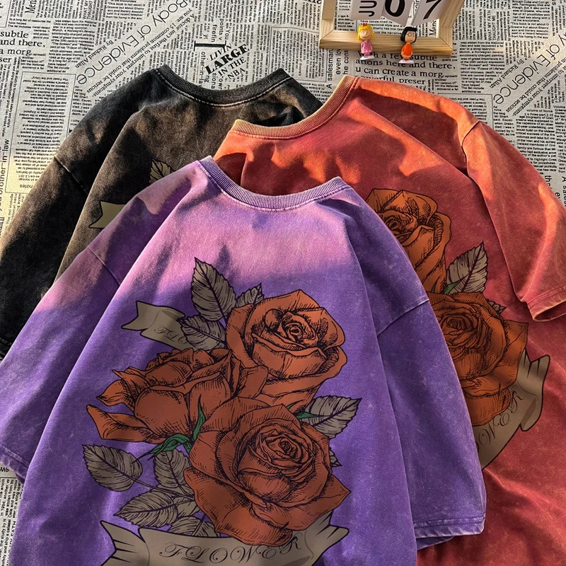 French Style Romantic Rose Street Women Print T-shirt Vintage Art Plus Size Trendy Tops Streetwear Fashion Clothes Y2k 250409