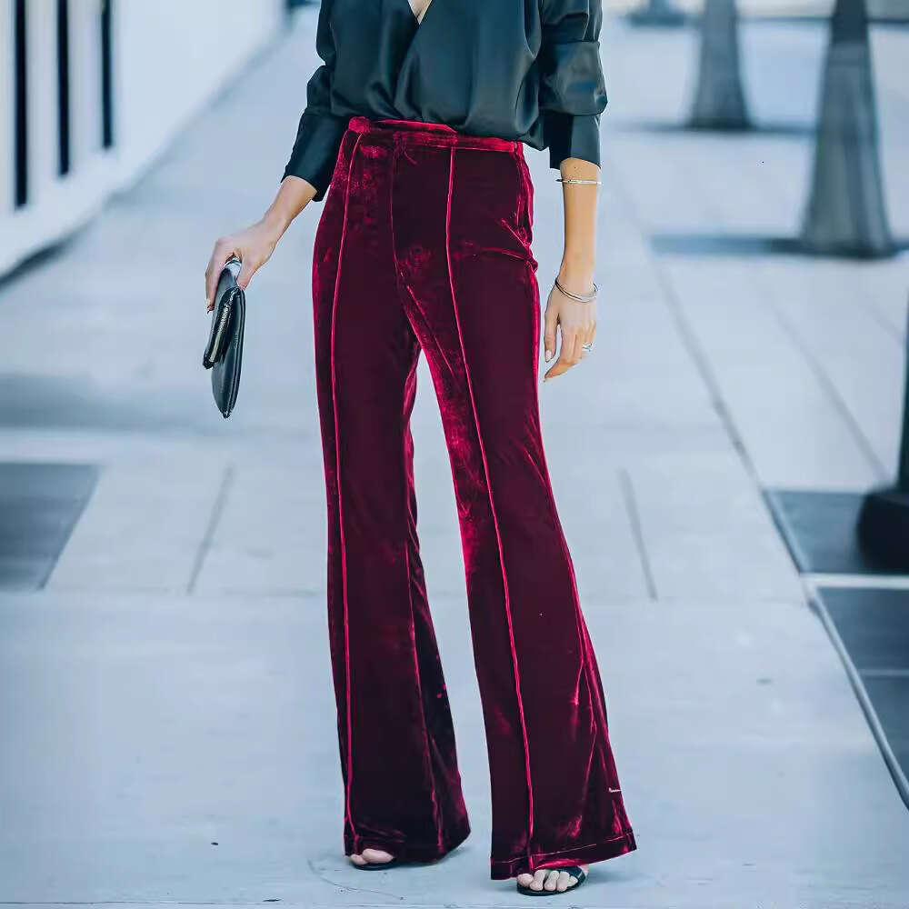 Cross-Border Independent Station European and American New Style 2023 Autumn Winter Women's Patchwork Velvet Flared High Waist Casual Pants
