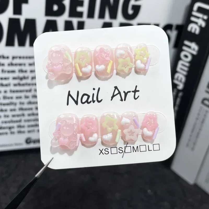 Handmade short Kawaii pressed nails Japanese design cute reusable fake nails with adhesive acrylic nail art tips suitable for girls W250410