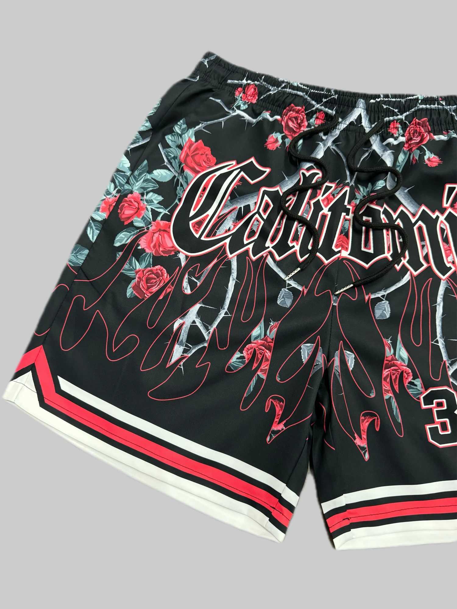 3D fashionable rose and flame printed drawstring shorts with flat top fashionable summer shorts with pockets suitable for basketball sports X250410