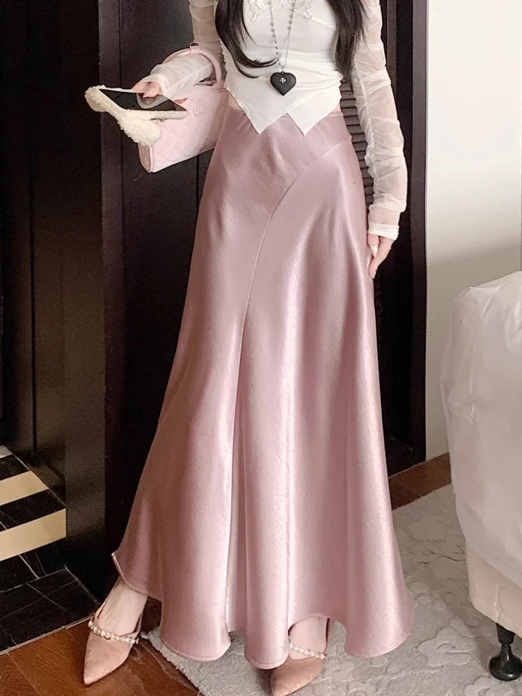 ious and elegant fish tail skirt Aline summer acetate satin long leather classic version gray high waisted womens skiing 250407