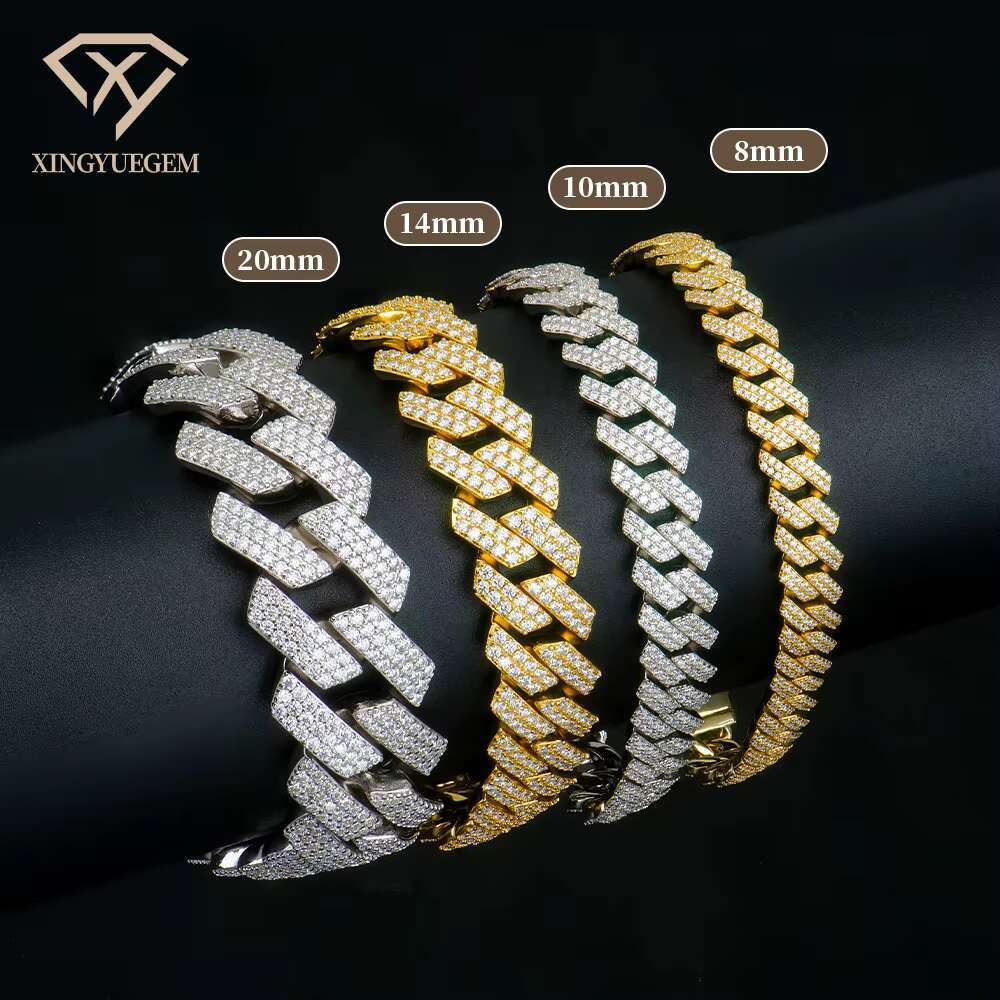 Wholesale Custom 8 10 12 14 18 20 mm Sterg Sier Hiphop Jewelry Iced Out Dia Moissanite Mossanite Cuban Bracelet