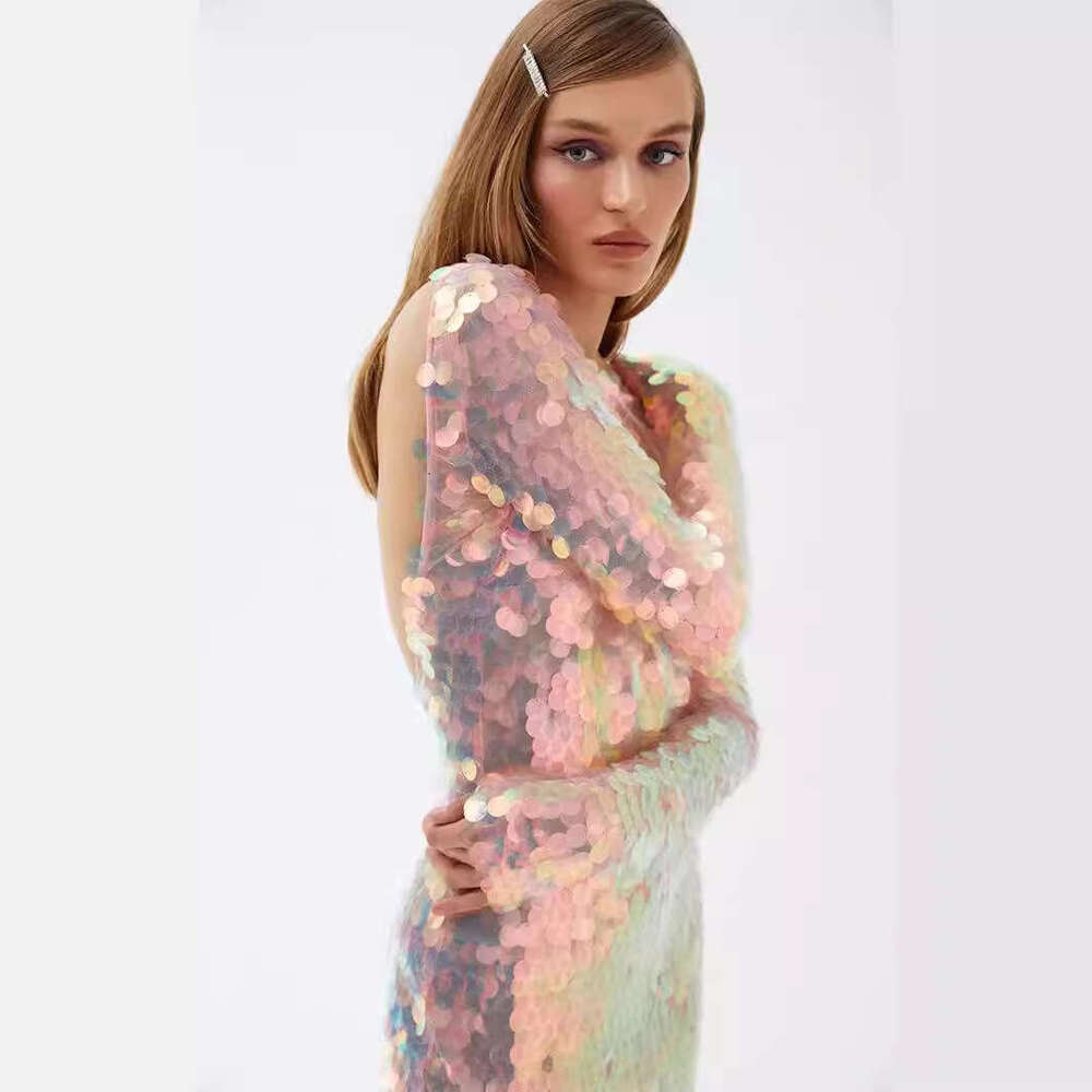 2025 Summer New Fashion Elegant Sexy Backless Mesh Sequin Sleeve Long Night club maxi dress SEXY DRESSES FOR WOMEN