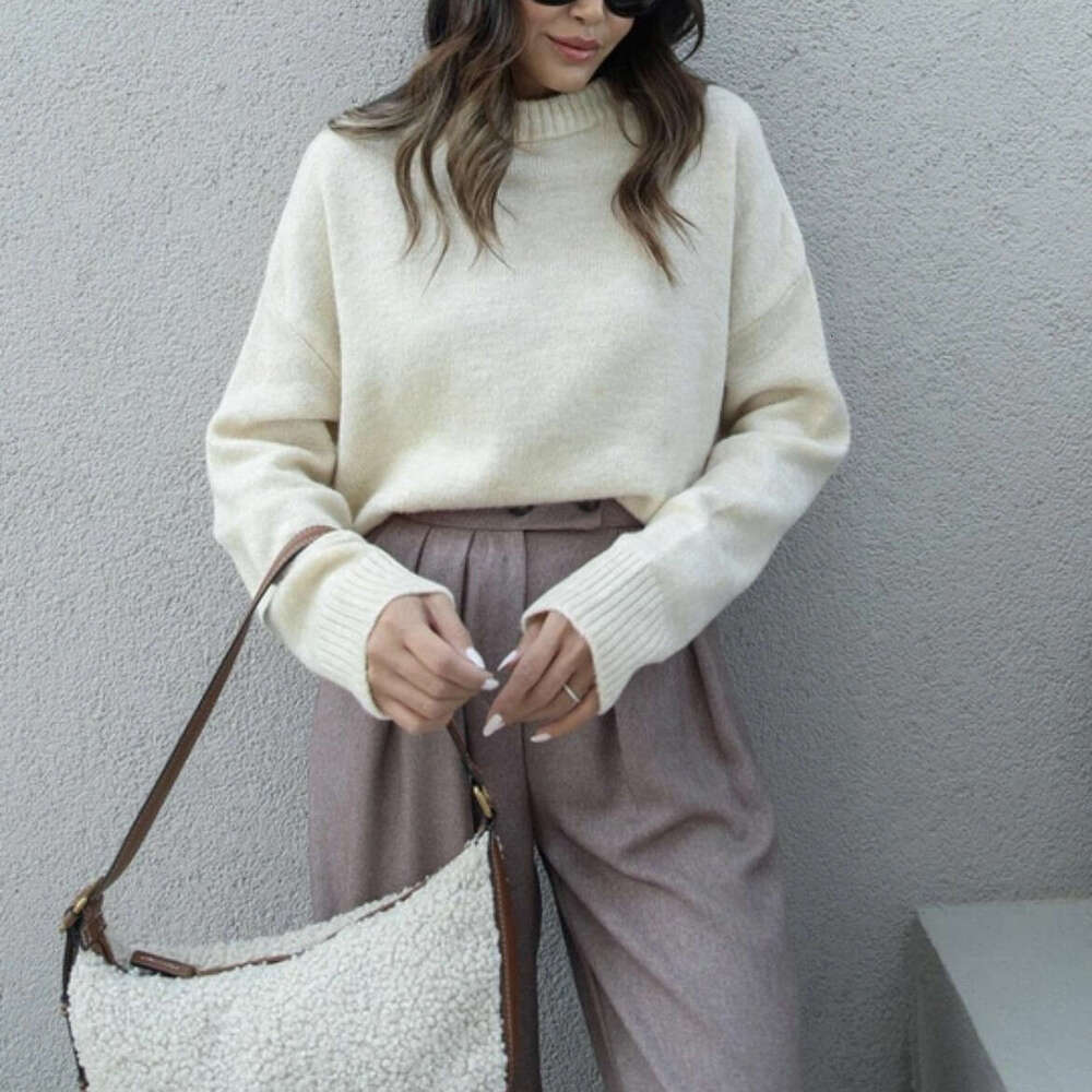 European and American Style Winter New Round Neck Wide Cuff Pullover Loose Solid Color Long Sleeve Versatile Knitted Sweater for Women