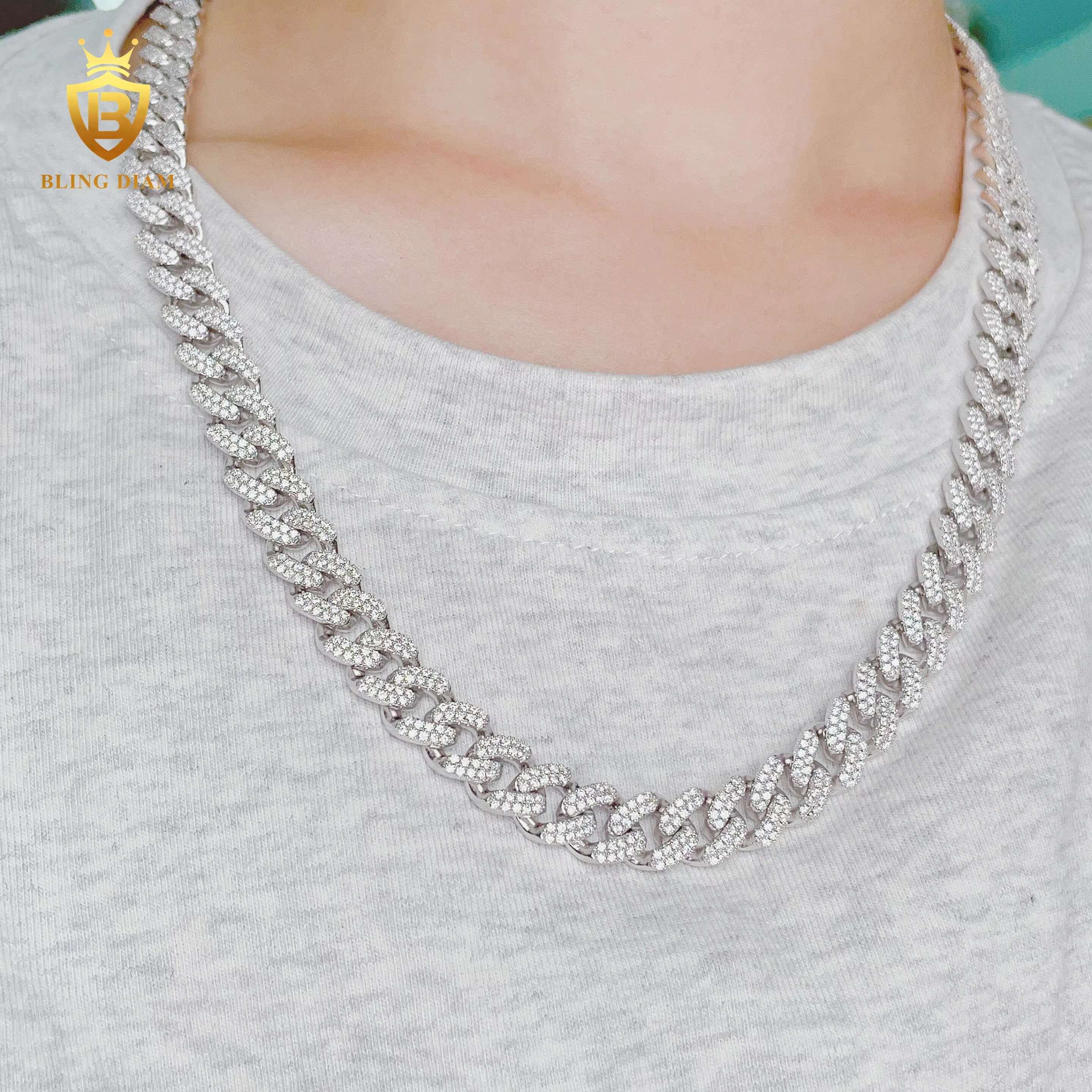 Blingdiam Jewelry Pass Diamond Tester Fashion Men Women 925 Sterling Silver 2rows VVS Moissanite Cuban Link Chain