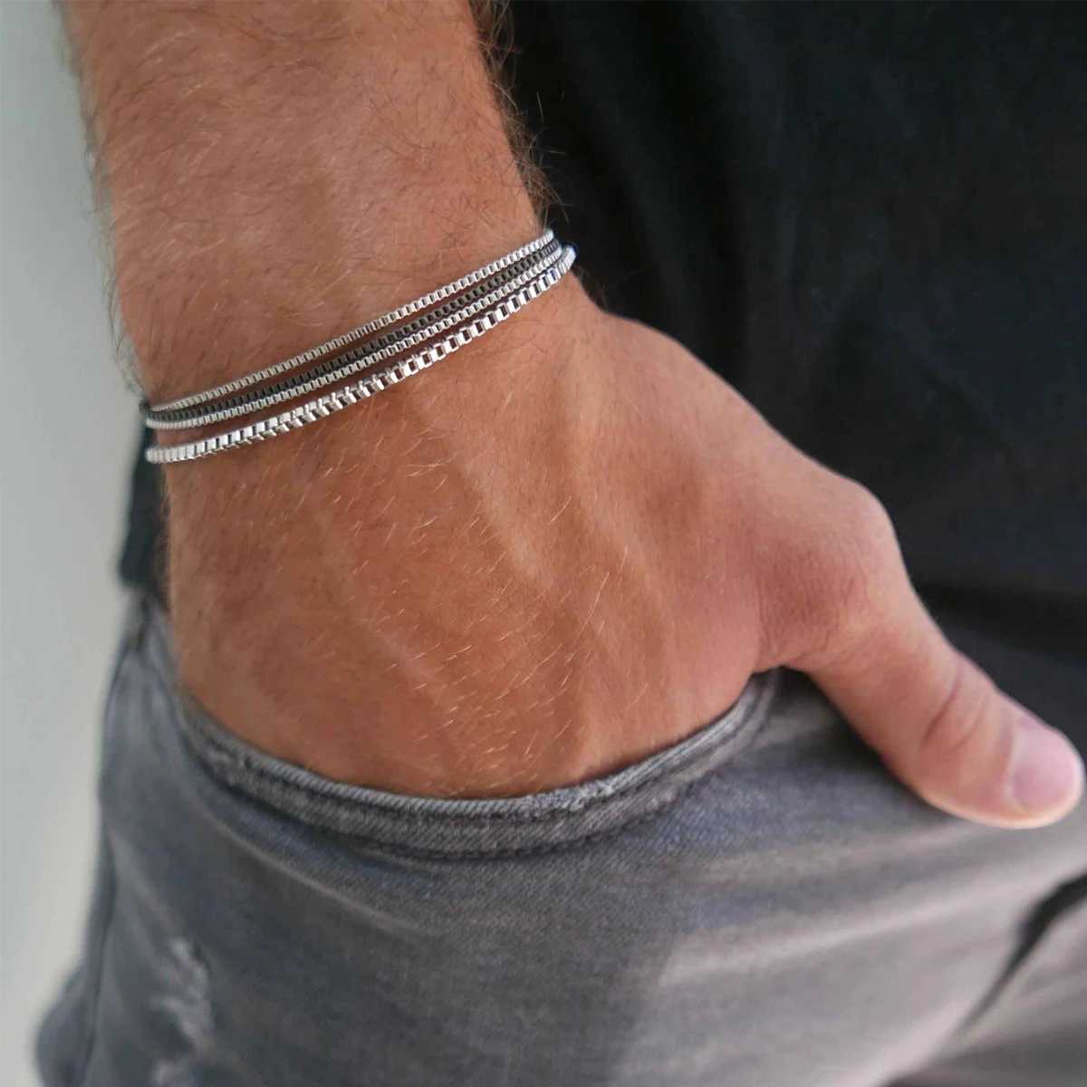 4Pcs/Set Stainless Steel Adjustable Box Chain Bracelets for Men Simple Vintage Silver Color Cuban Bracelets Sets Party JewelryC250411