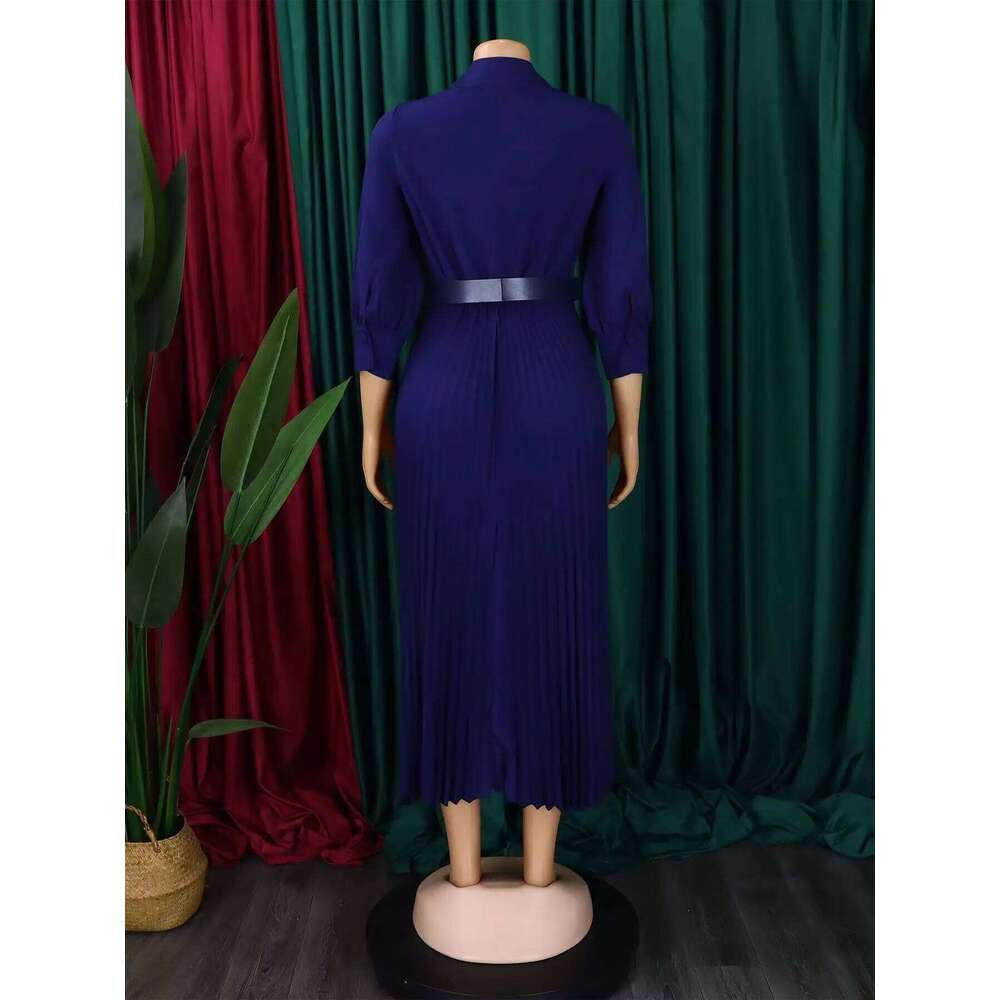 2024 Autumn Solid Matching Belt V-Neck Women Fashion Commuting Slim Fit Mid Length Elegant Style Dress Spring Plus Size