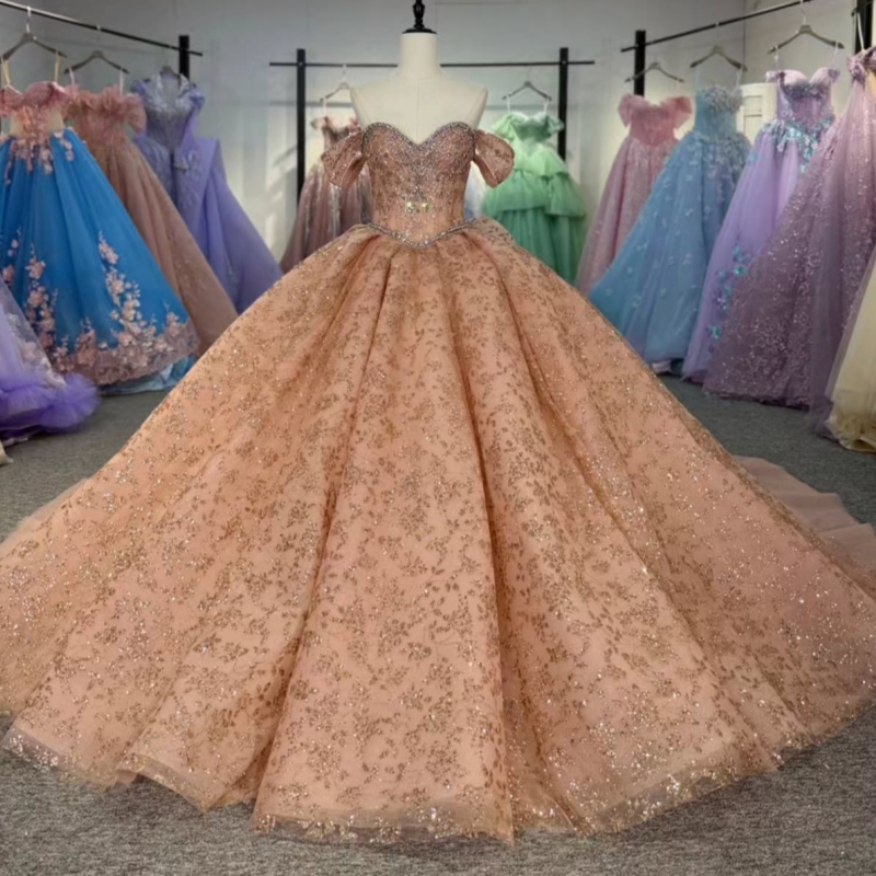 Pink Shiny Quinceanera Dresses Ball Gown Off The Shoulder Gold Applique Lace Beading Crystal Bow Tull Corset Tull Party Birthday Sweet 16 Dress Vestid