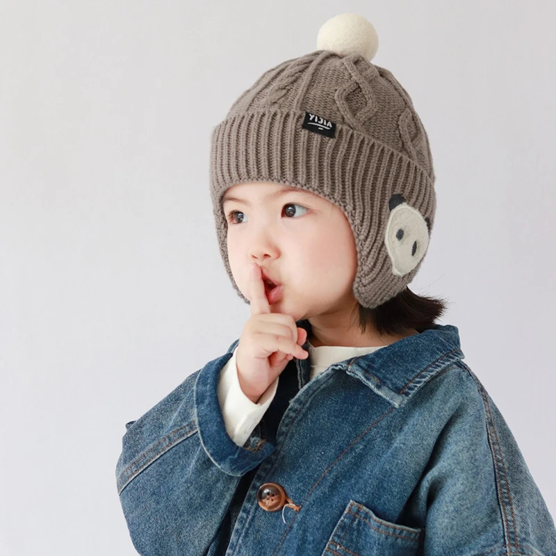 Winter Cute Cartoon Baby Ear Protection Hat Boys Warmth Windproof Knitted Hats Kids Bear Beanie Hat for Girls 636M 251103