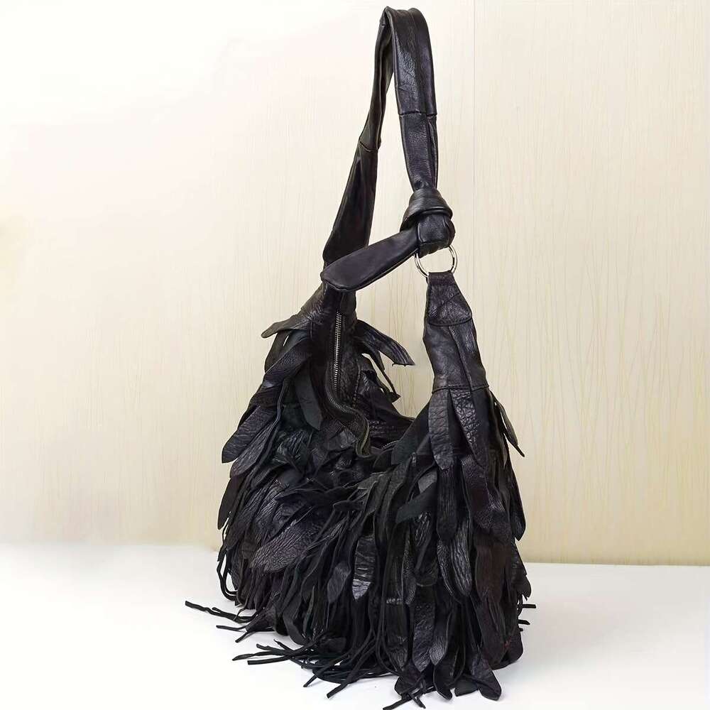 Cross Border Hot Selling Manufacturers Spot Leather Ladies Black Striped Tassels Personality Hobo Shoulder Sheepskin Women Bag