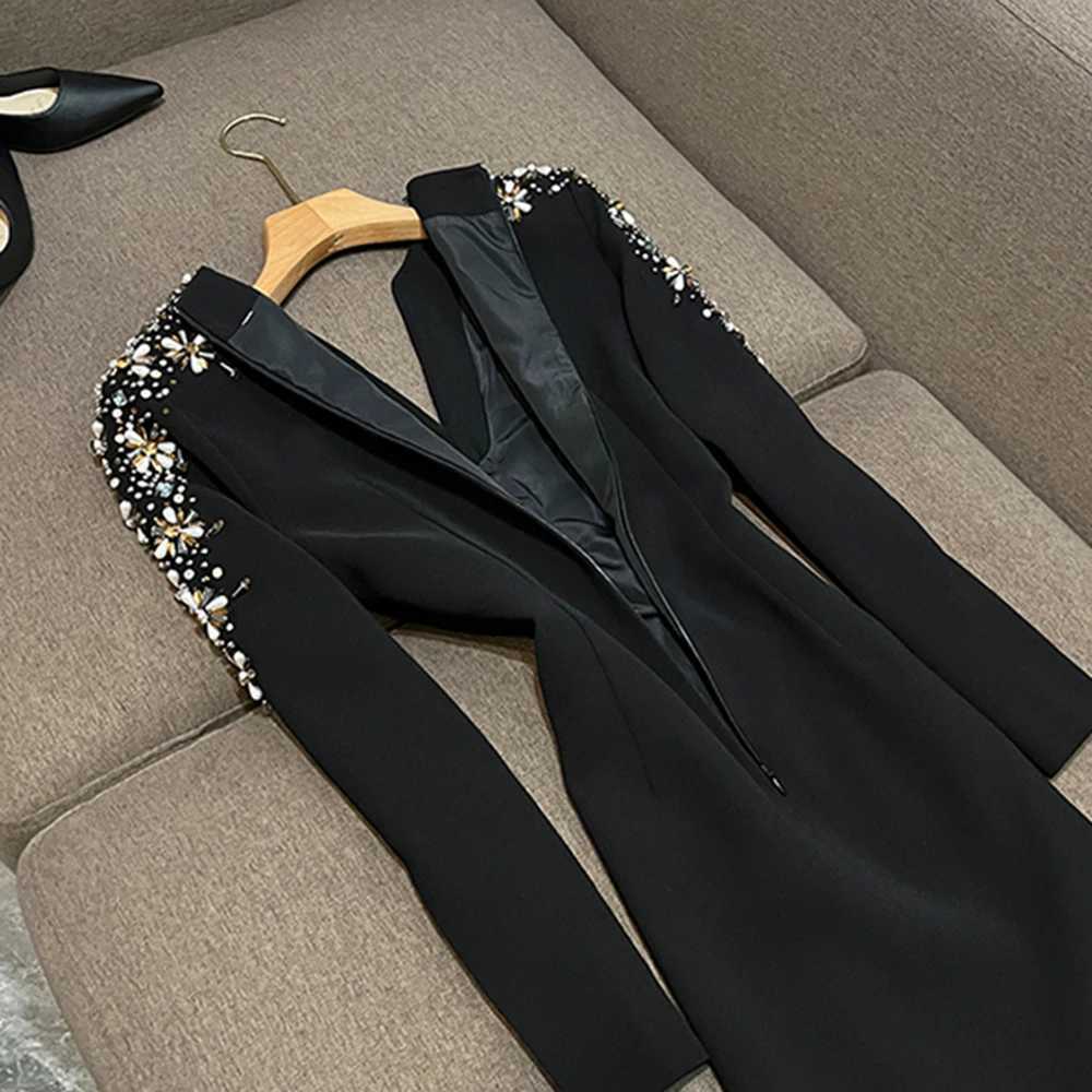 TWOTWINSTYLE Spliced Diamonds Solid Slim Fit Dresses For Women V Neck Long Sleeve High Waist Sexy Dress Female Fashion KDR532399 W251110