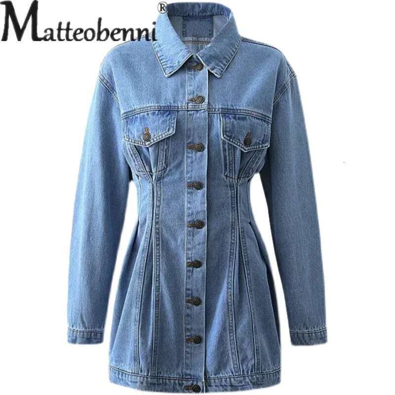 Women's Shrink Waist Slim Fit Denim Jacket Single-Breasted Splicing Pocket Coat Female Autumn Winter Daily Casual Long Outerwear