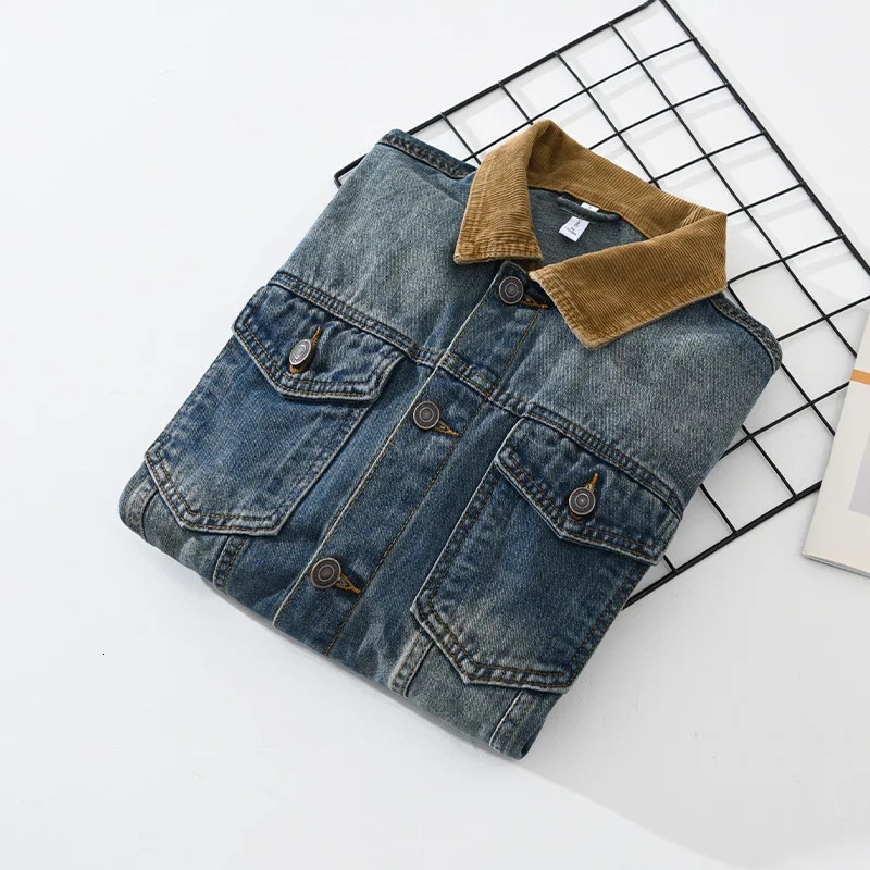 Mens patchwork denim jacket vintage American casual workwear youth hardship old wash denim jacket top 250410
