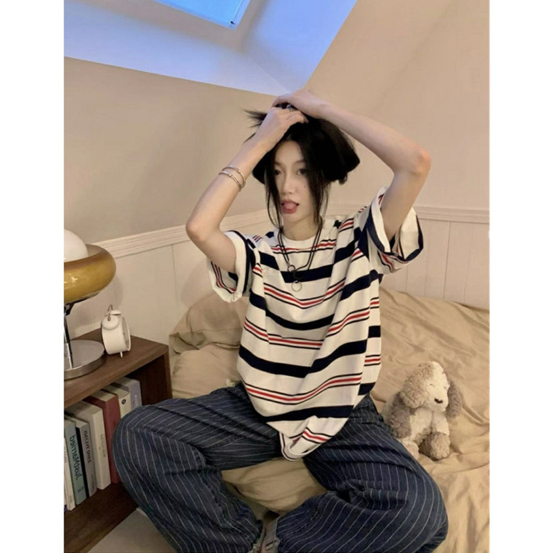2025S Designer Women S T Shirt American Striped Short For Women New Summer Loose And Lazy Style Half Sleeved Student Versatile Top T Shirt
