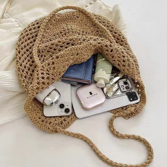 Tassel Cotton Thread Straw New Handmade Woven Single Shoulder Large Capacity Tote Vacation Beach Women's Bag