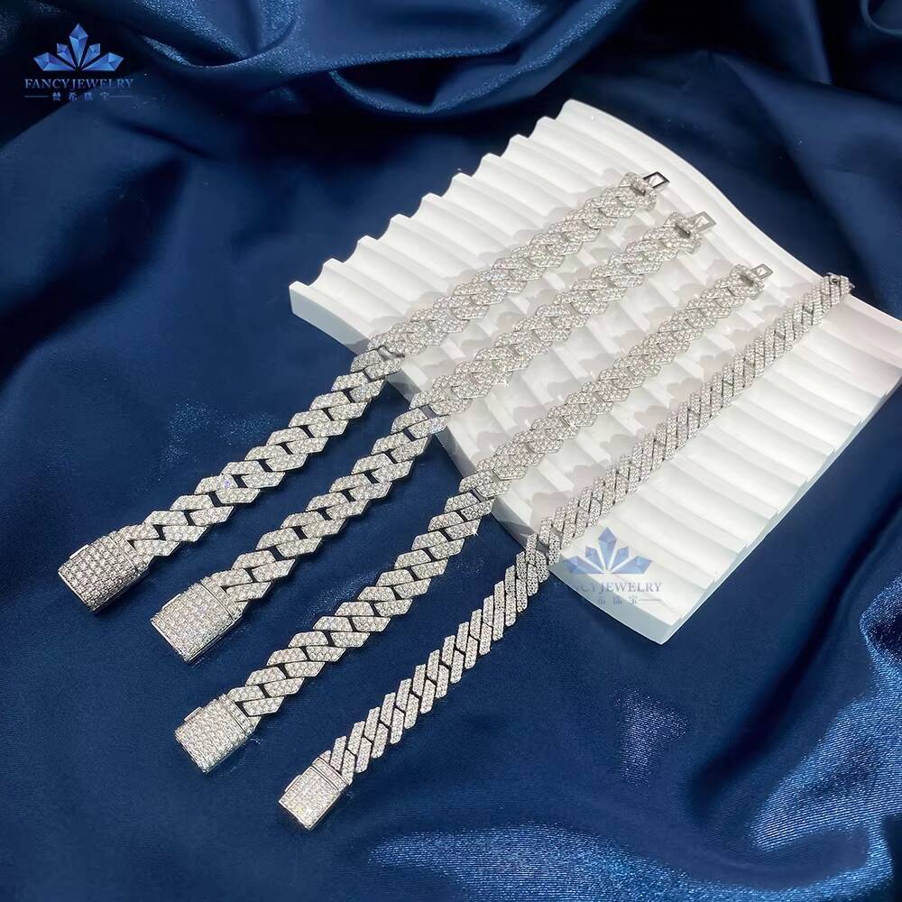Custom Luxury 8MM 10MM 12MM 7 Inches Full Iced Out Hiphop Moissanite Diamond 925 Silver Cuban Link Chain Bracelet for Men