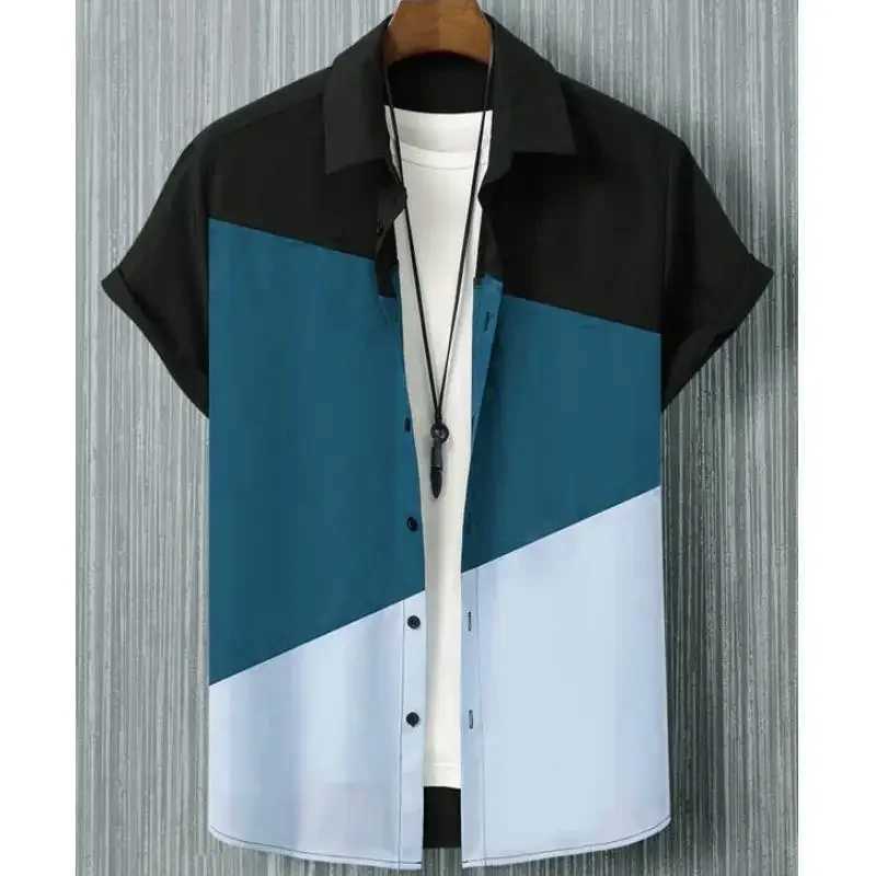 Mens 3D patch work plain weave mens summer casual short sleeved daily street top loose oversized shirt X250410