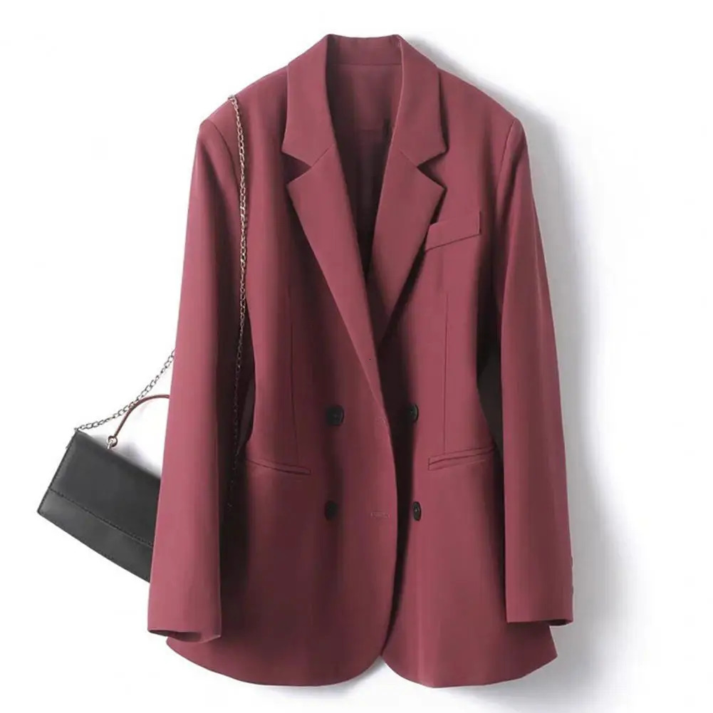 Womens set jacket Elegant lapel double chest fashionable office womens coat with solid pockets 250407