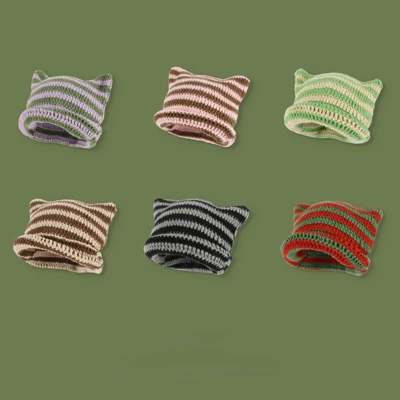 2025 Beanie Hat Ins Little Devil Striped Knitted Wool Cap Autumn and Winter Crochet Cute Cat Ears Pointed Pullover Womens HatsXJ251110