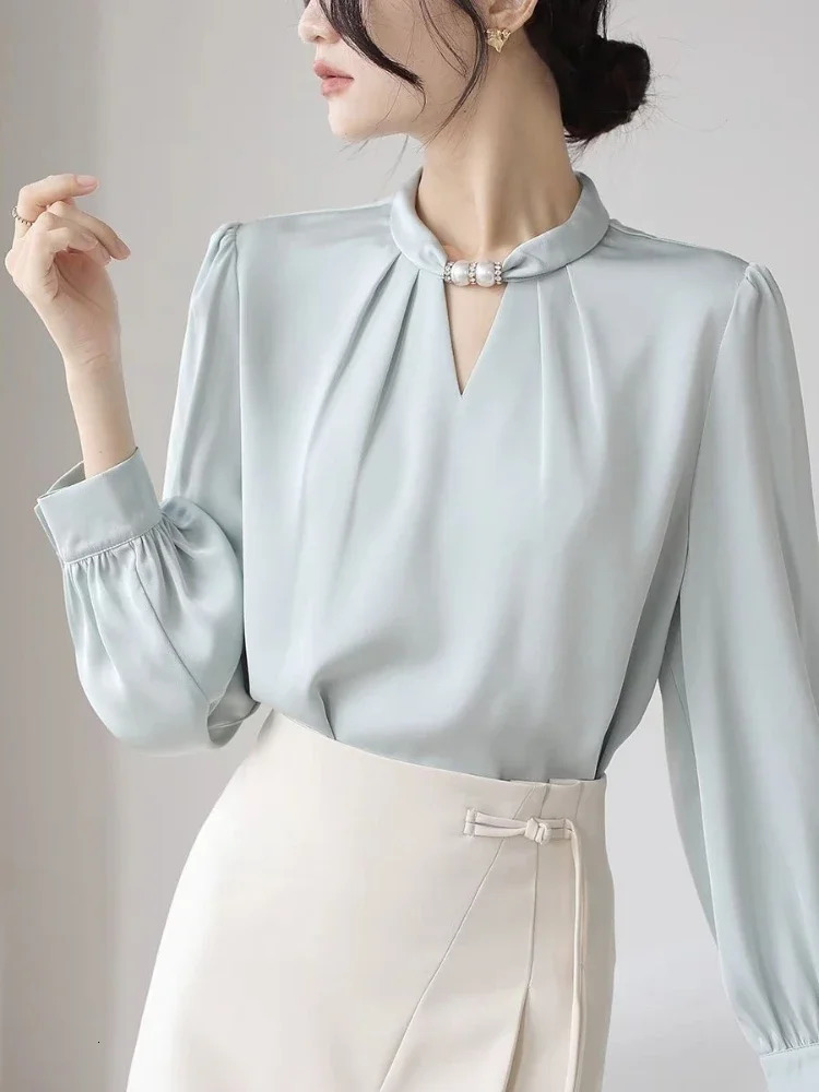 Womens Elegant Shirt Satin White Stand up Collar Beaded Shirt Pullover Korean Fashion Tempering Office Womens Shirt 250409