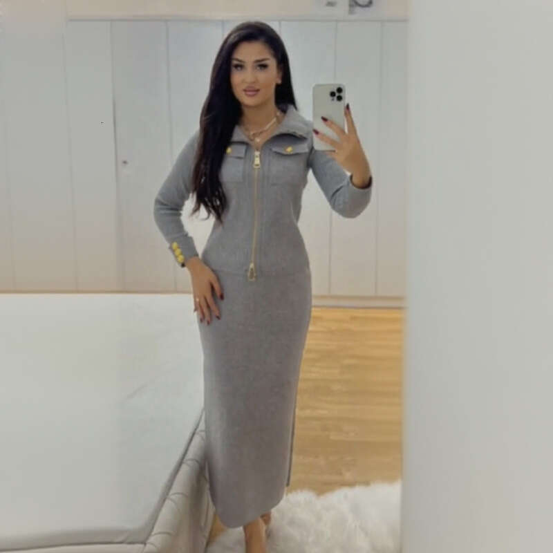 Two-Piece Set New Style Turn-Down Collar Zipper Knitted Cardigan Slimming Skirt Autumn Winter Outfit