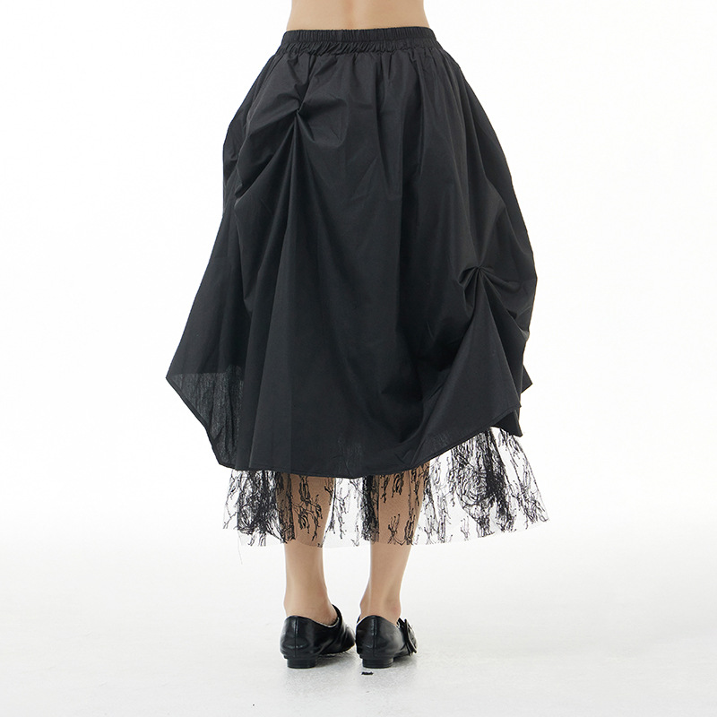 Y42190 High Quality Spring Temperament Original Large Size Women's Pleated Skirt Loose Slimming Mesh Splicing Skirt