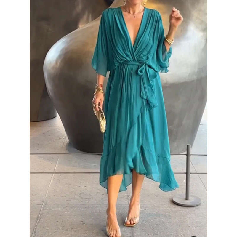 2025 New European and American Women's Fashion Cross-Border Amazon Solid Color Tie Long Batwing Sleeve Irregular Dress Plus Size