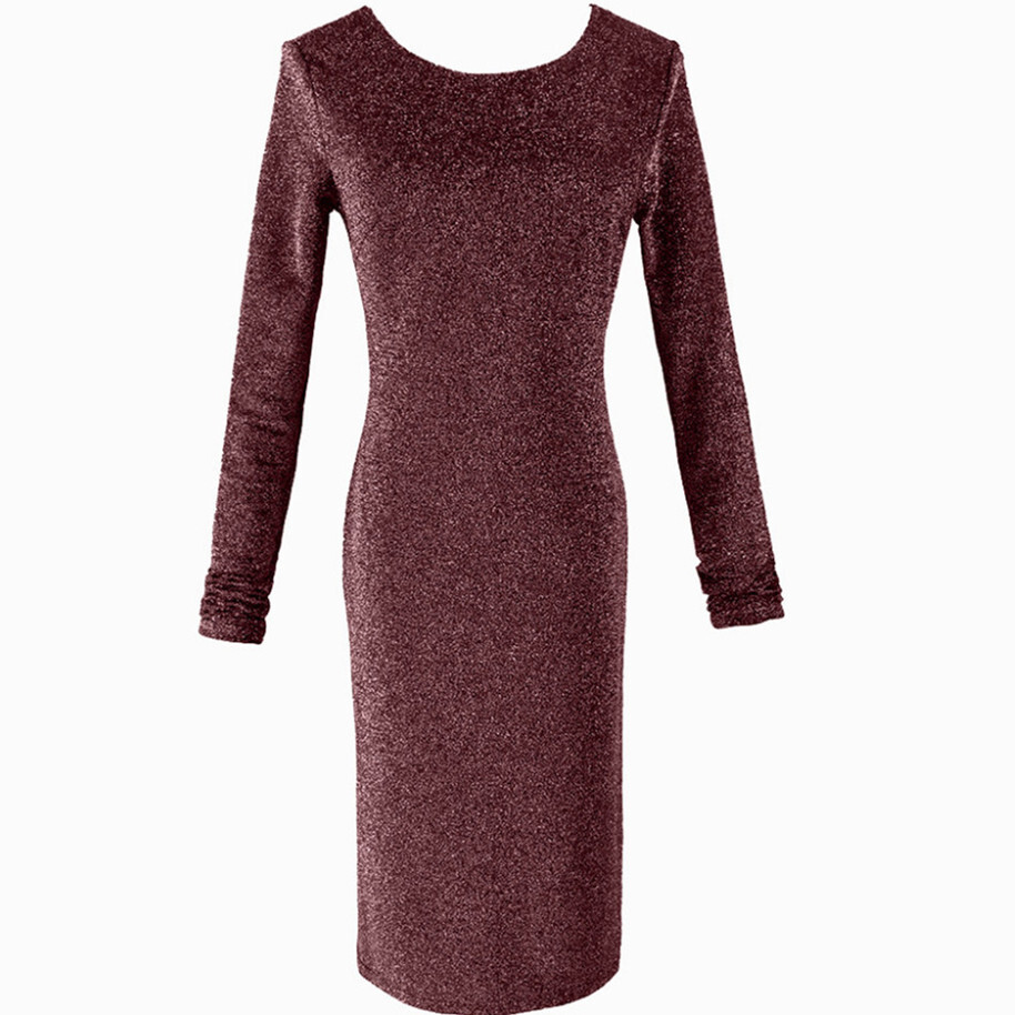 Open back long sleeved mid length solid color pleated autumn and winter new women's dress