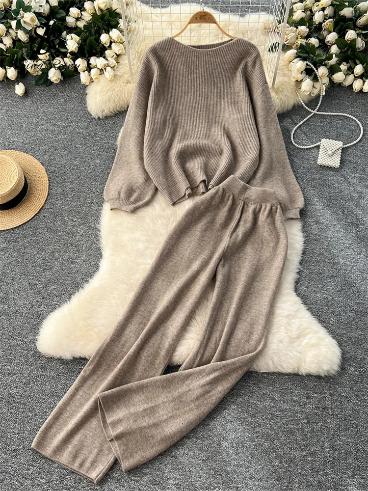 SINGREINY Winter Thick Women Suits Loose Sweater TopsHigh Waist Wide Legs Long Pants Autumn Solid Causal Warm 2 Piece Sets 251110