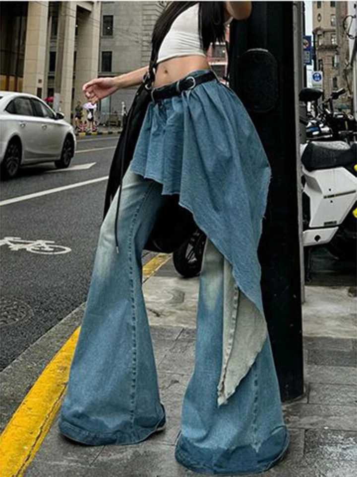 Streetwear Vintage Women Jeans Irregular Fake Two Pieces Patchwork Denim Pants American Fall High Street Hottie Flared Trouser C251110