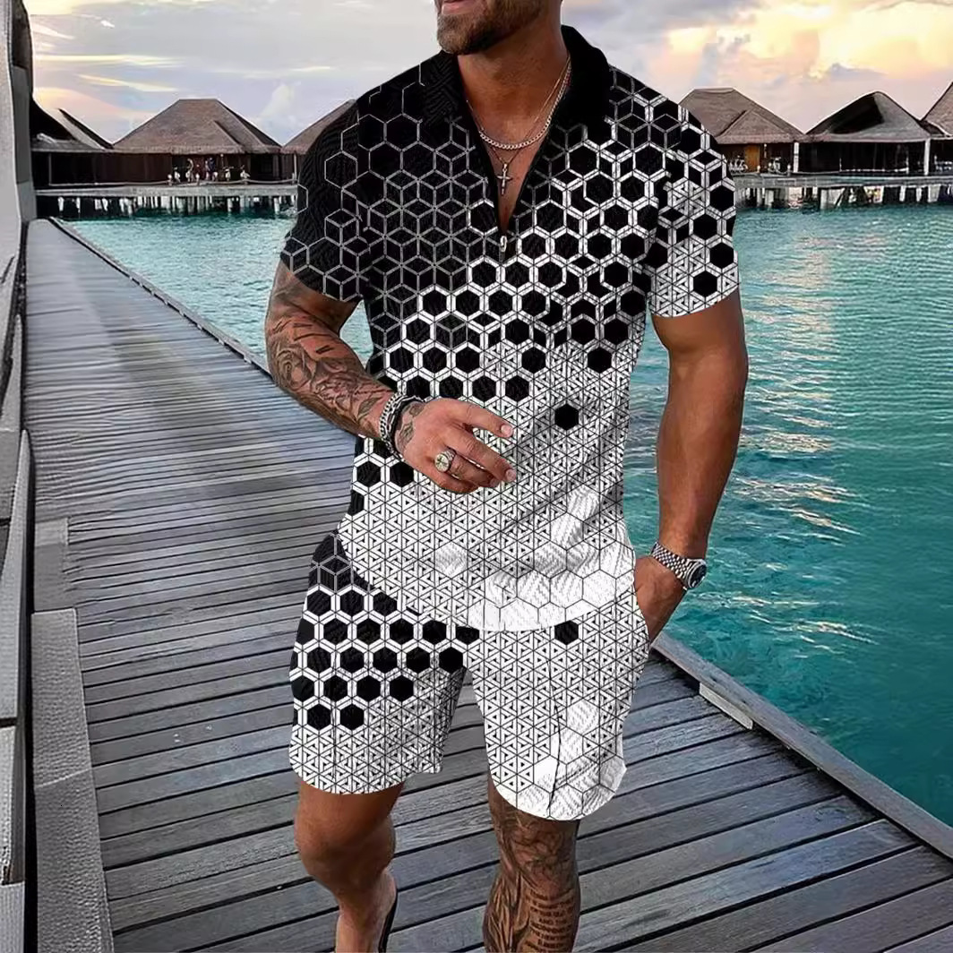Mens casual contrasting color fashion POLO zipper lapel shirt short sleeved set