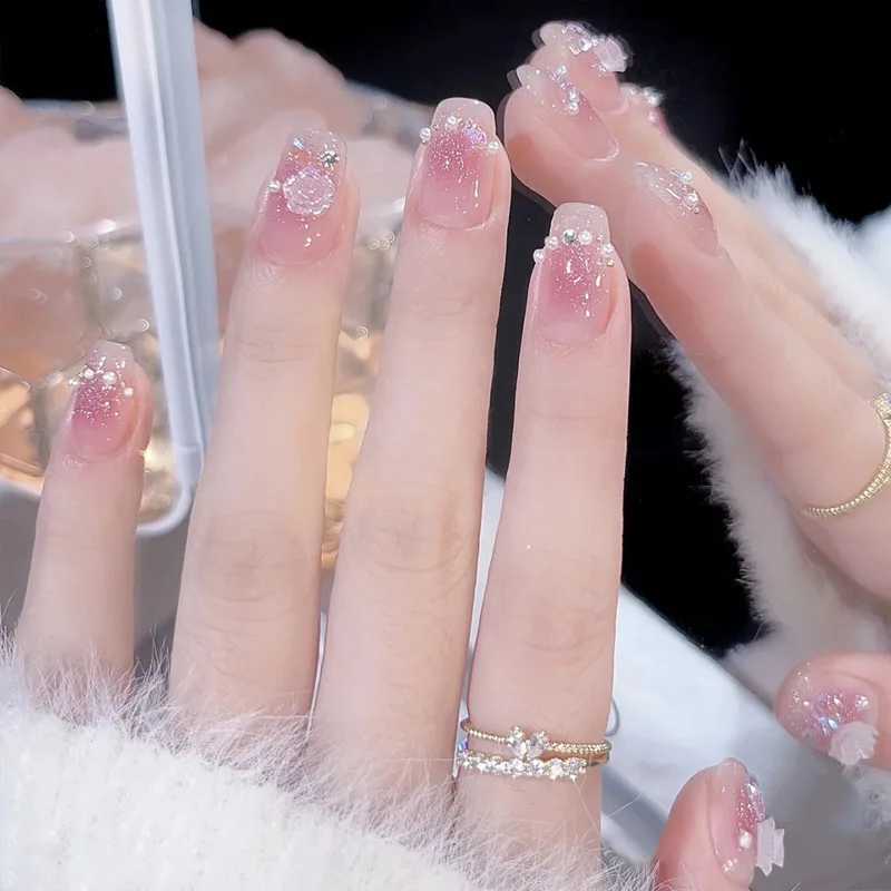 24 pieces of short French 3D rose fake nails+strips+jelly glue W250410