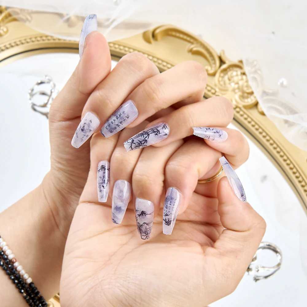 0Pcs Bamboo Chinese Style Fashion nail polish Poetry Painting Design Press Nail Set Reusable Full Cover Acrylic Nail Art W250410