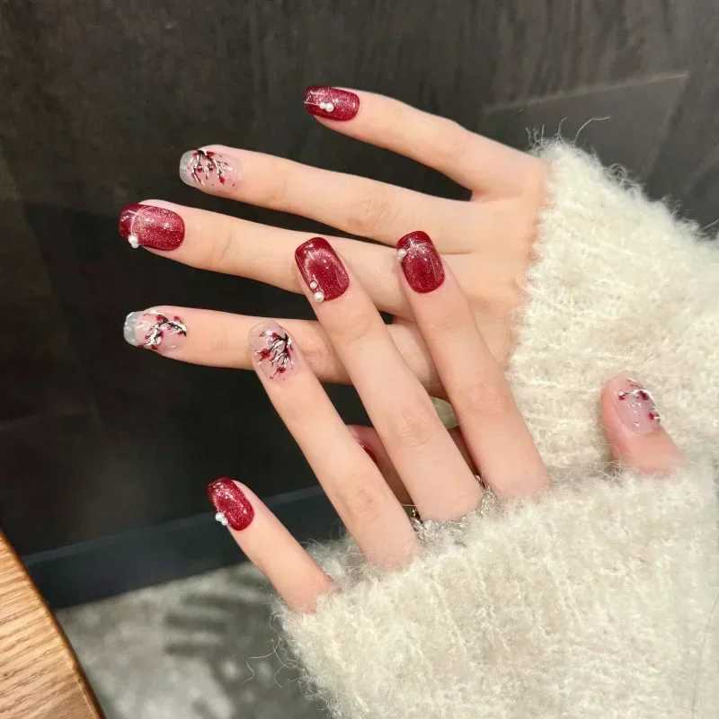 0Pcs Red Cat Eye Handmade Press Fingernail Flower Fake Nail Wearable Stick Nail Full Cover Fake Nail Unas Postizas W250410