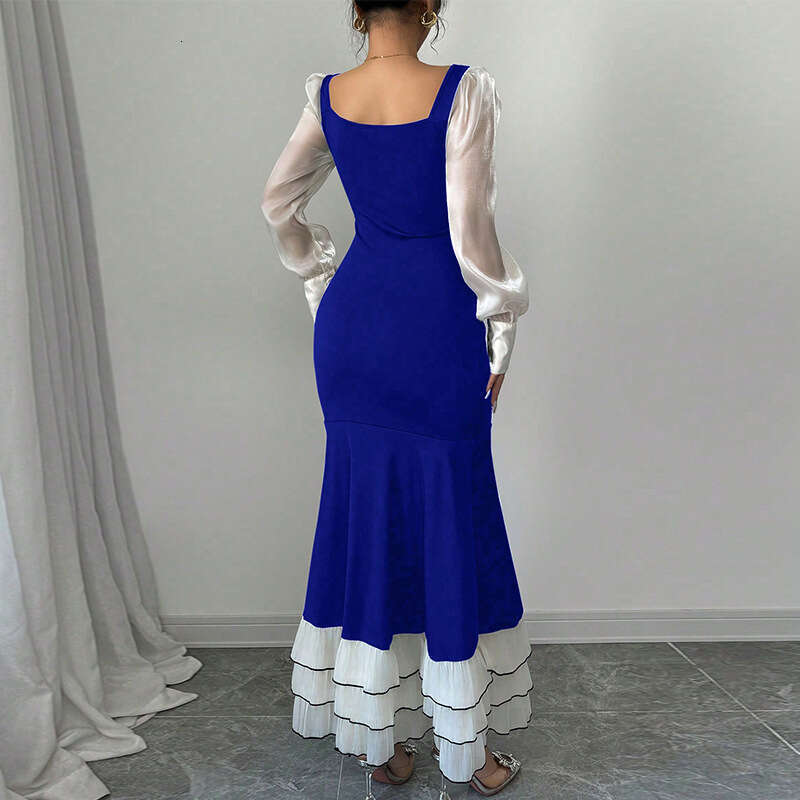 2025 Autumn New European and American Style Elegant Slim Long Sleeve Cross-Border Amazon Foreign Trade Color-Block Mermaid Dress for Women