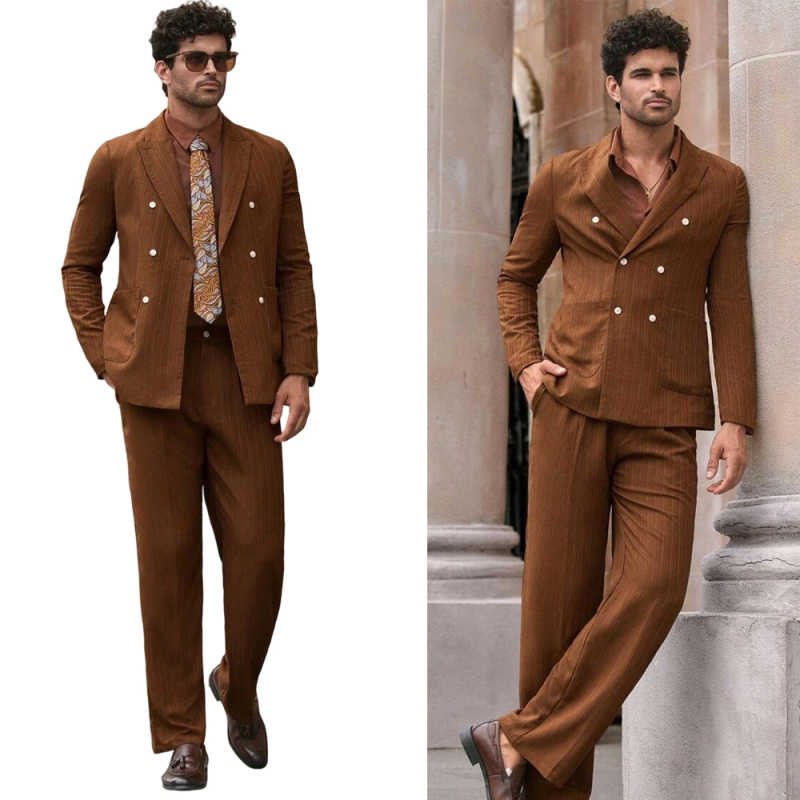 Classic Men Suit 2 Pieces Jacket Pants Double Breasted Peaked Lapel Casual Occasion Street Photography Party Customized