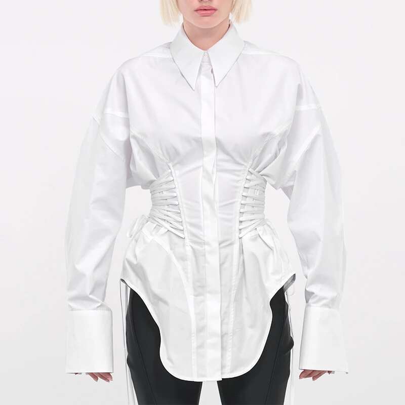 TWOTWINSTYLE Solid Spliced Lace Up T Shirts For Women Lapel Long Sleeve Patchwork Single Breasted Fashion Top Female Clothing