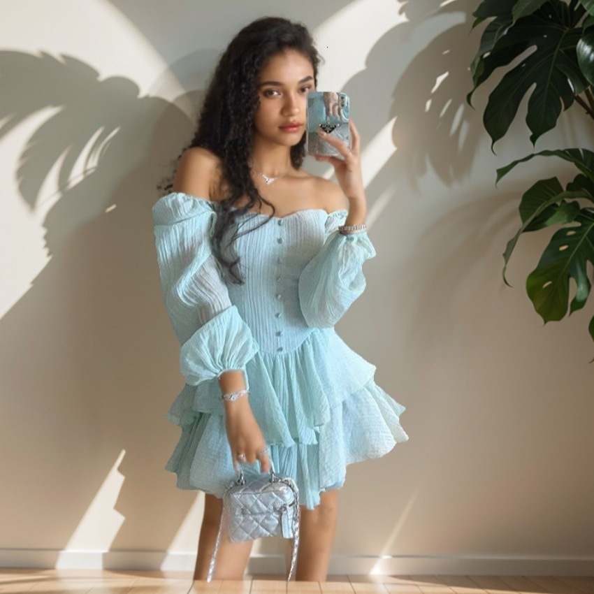 Women's clothing early autumn new product fashion first love solid color bubble sleeves slim fit chiffon dress French cake skirt