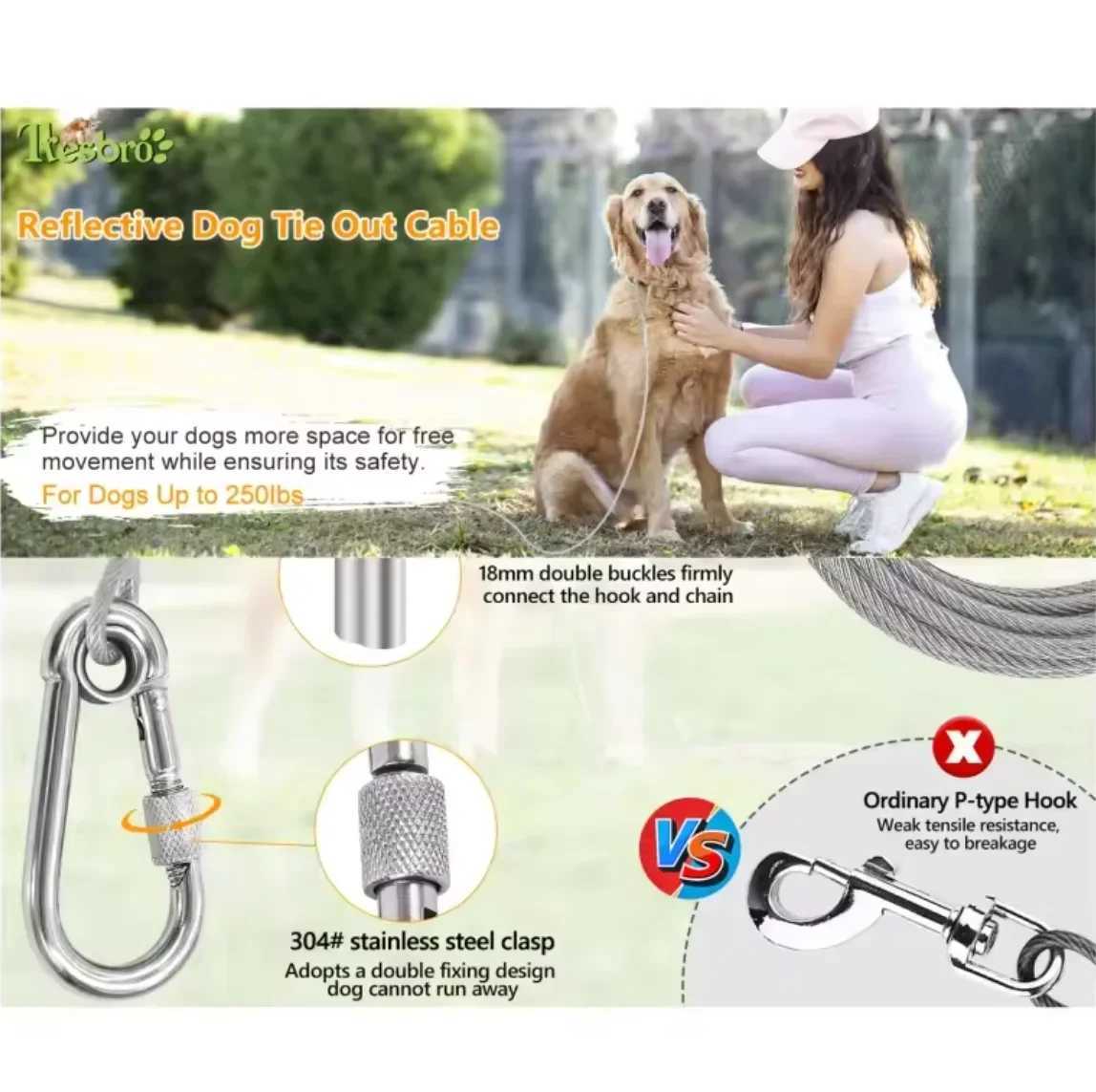 46m/9m/15m Double Leashes Stainless Steel Dog Tie Strap Cable Leash Raction Rope with Metal Buckle Steel Wire Collar Outdoor J251110