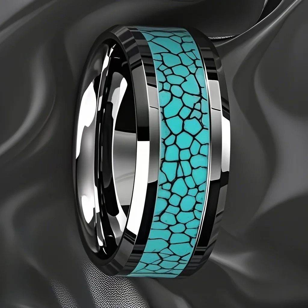 Fashion 8MM Inlay Men Blue Turquoise Rings Beveled Edge Stainless Steel Rings for Men Women Wedding Engagement Band Jewelry Gift 251110