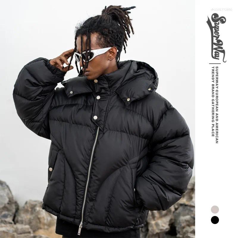 Men's Down Winter Parka Men Harajuku Thick Padded Jacket Coat Oversized Hip Hop Streetwear Zip Up Hooded Snap Button Jackets Unisex