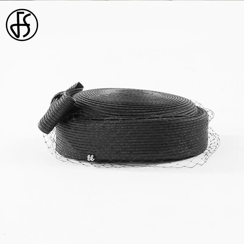 FS Fascinator White Pillbox Hats French Beret With Veil Black Straw Hats Mesh Women Fedora Cocktail Derby Party Church Wedding 250409