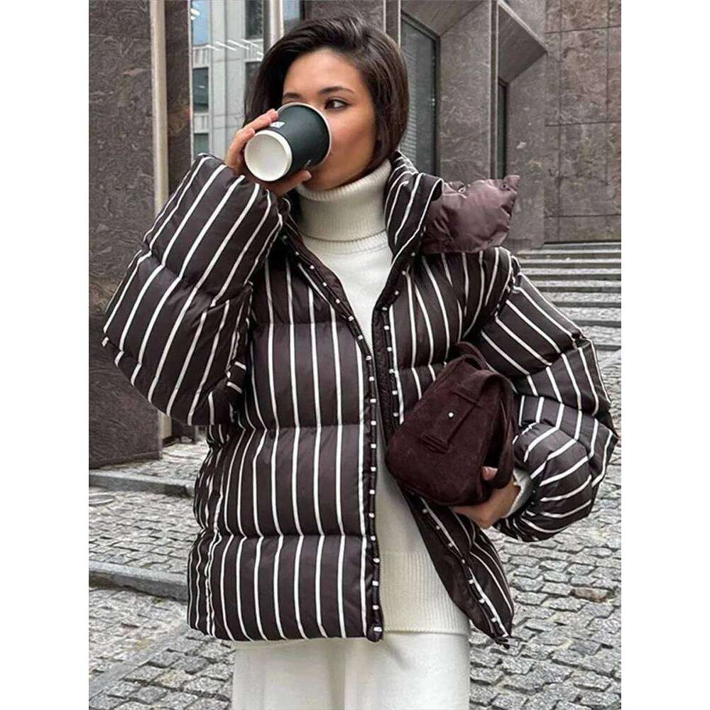 Striped Women's Winter Quilted Jacket Hooded Thicken Single Breasted Long Sleeve New Casual Female Coat Chic Loose Outwear