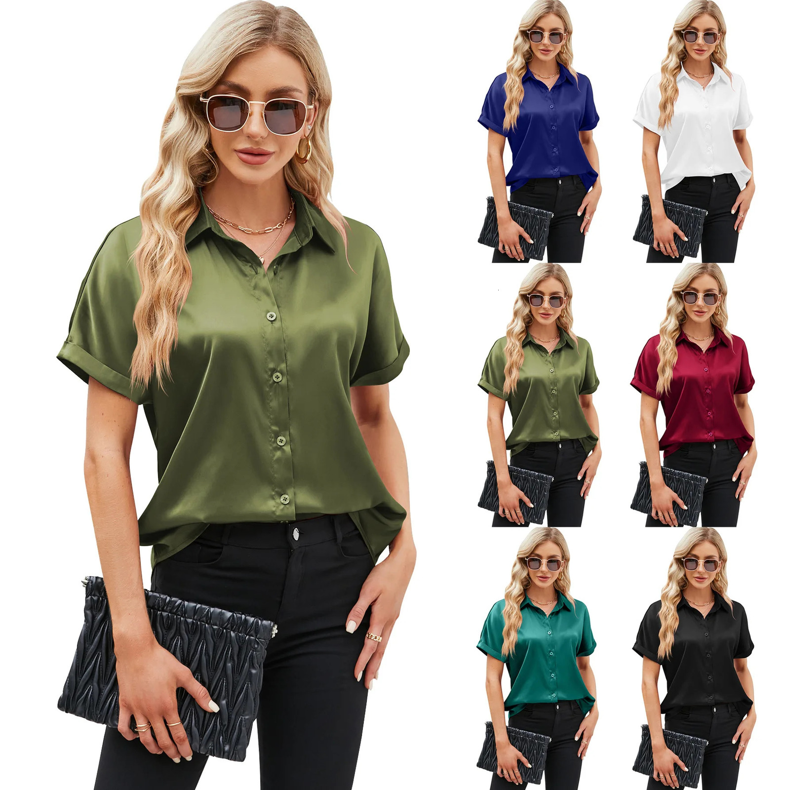 Summer Womens Shirt Solid Color Satin Short Sleeve Button Shoulder Shirt Womens Multi Color Commuting Style Shirt 250409
