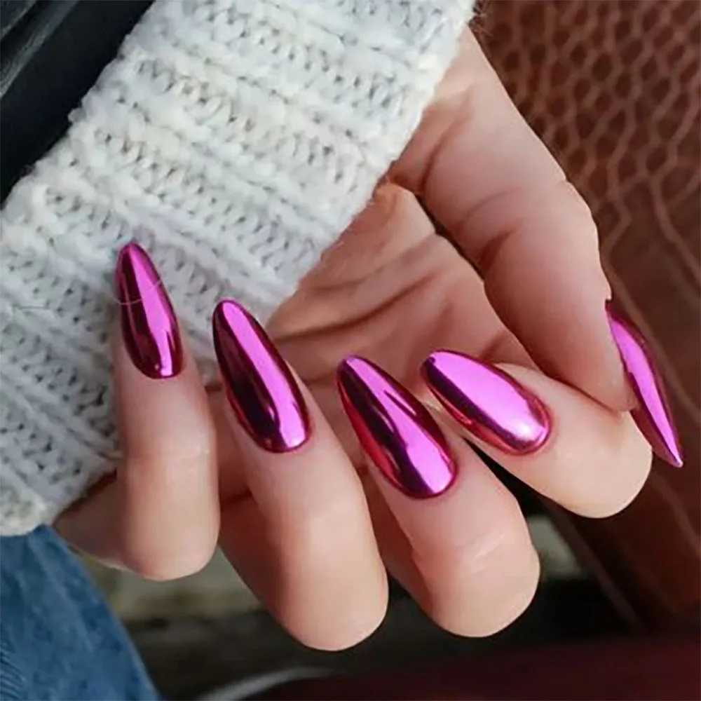 24pcs/set of aluminum fake nails with metal mirror finish in red black purple blue gold pointed artificial ongles y2k pressed acrylic fake nails W2504