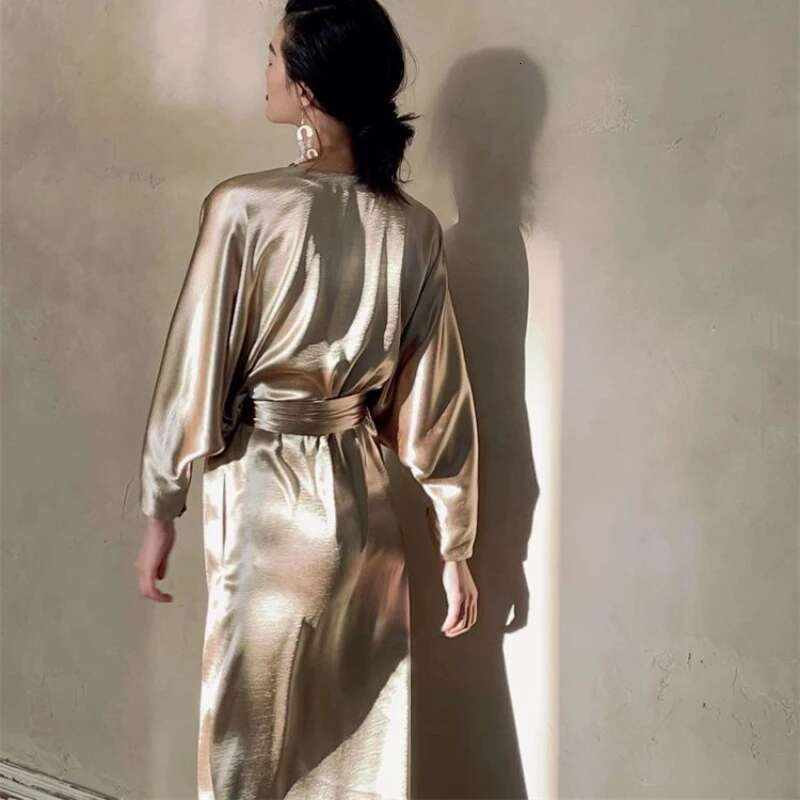 Shiny Satin Women Glossy Long Sleeve V Neck Sexy Evening Wrap Dress Female Elegant Party Club Gold Robe With Belt